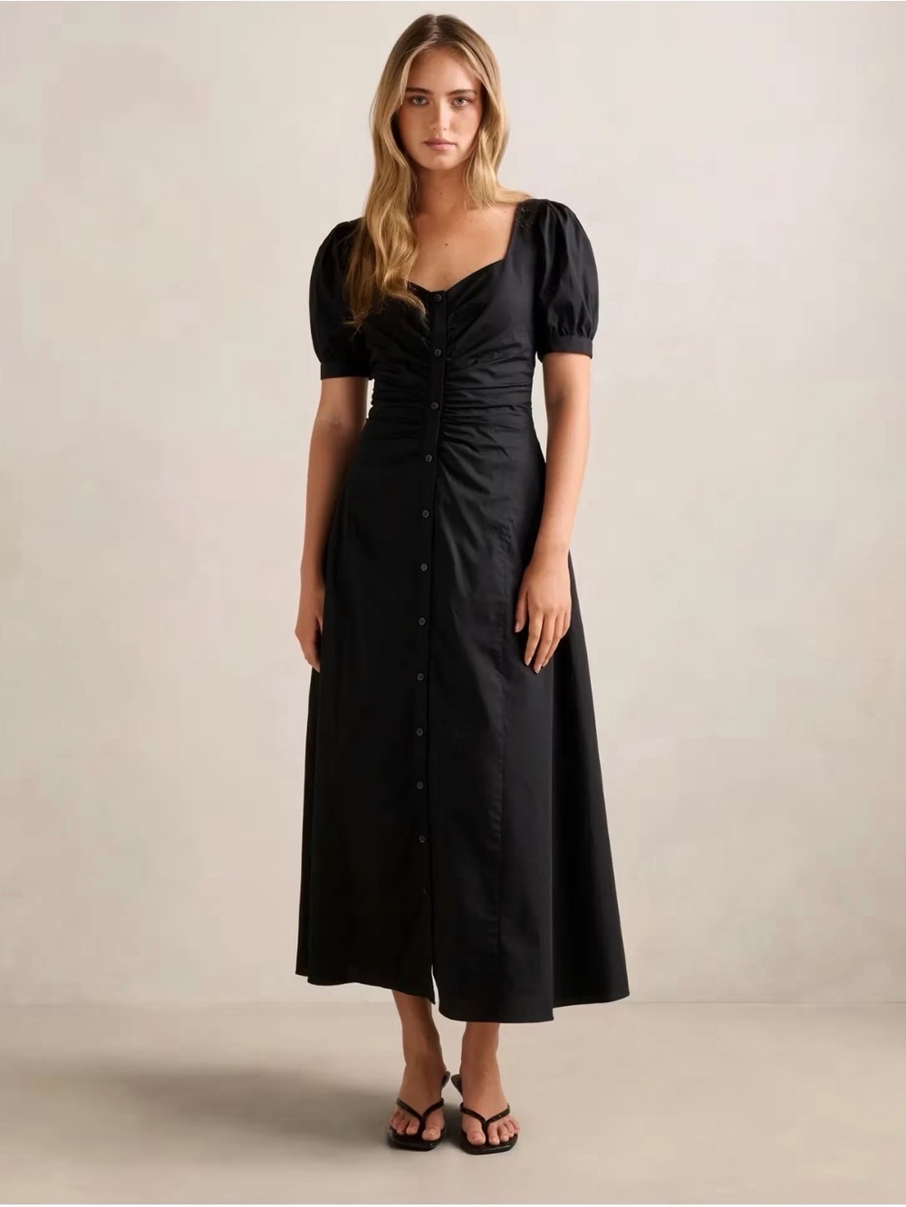 Ever New Taryn Gathered Front Midi Dress Black Button Front NWT US 10